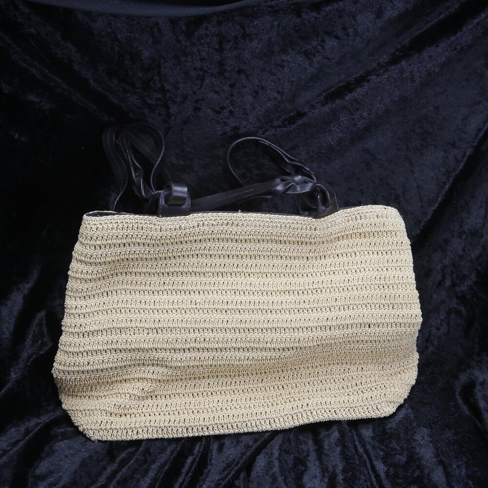 Liz Claiborne, Villager purse, woven beige with brown leather accents